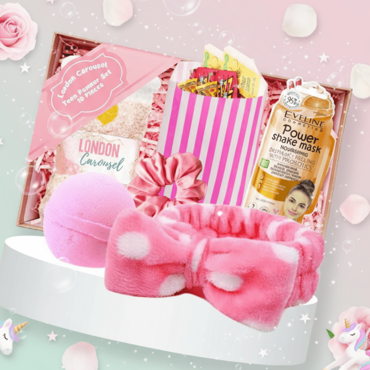 Girls Pamper Set - Spa Headband, Bath Bomb, Cozy Socks, Face Mask, Hair Scrunchie & Sweets
