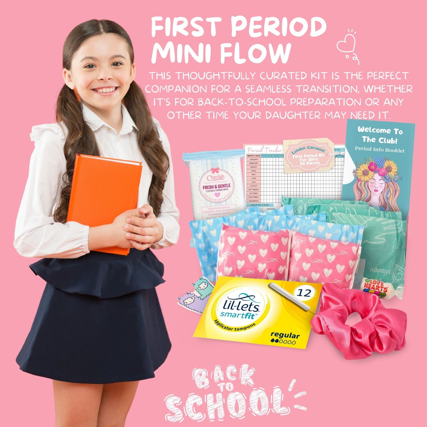 First Period Kit for Girls - Lil-Lets Teen Pads, Always Pads, Tampax Compak Tampons, Panty Liners, Wipes, Scrunchie, Info Flyer, Period Tracker