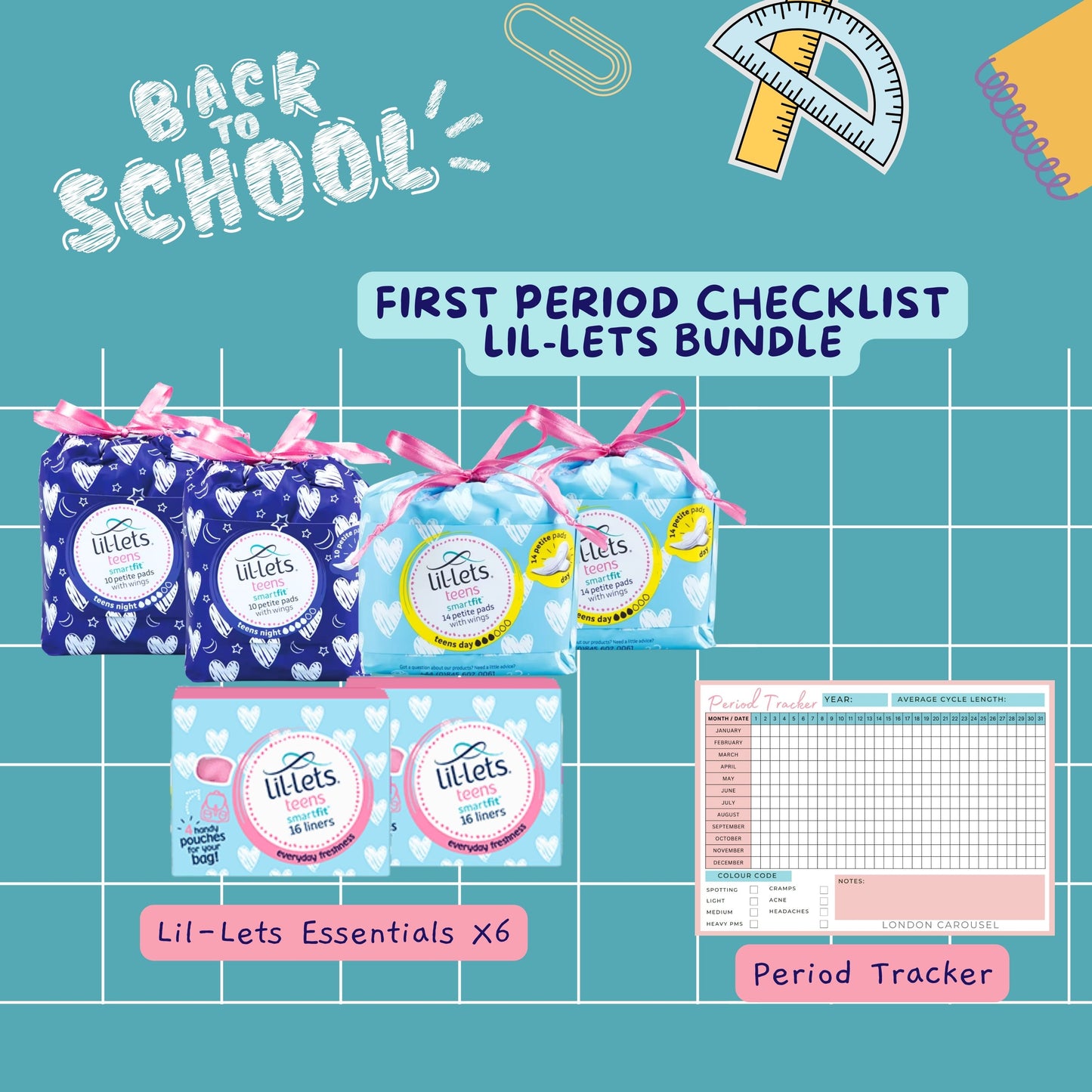 Teen Sanitary Towels Bundle with Lil-Lets Teen Pads, Night Time Pads, Liners & Period Tracker