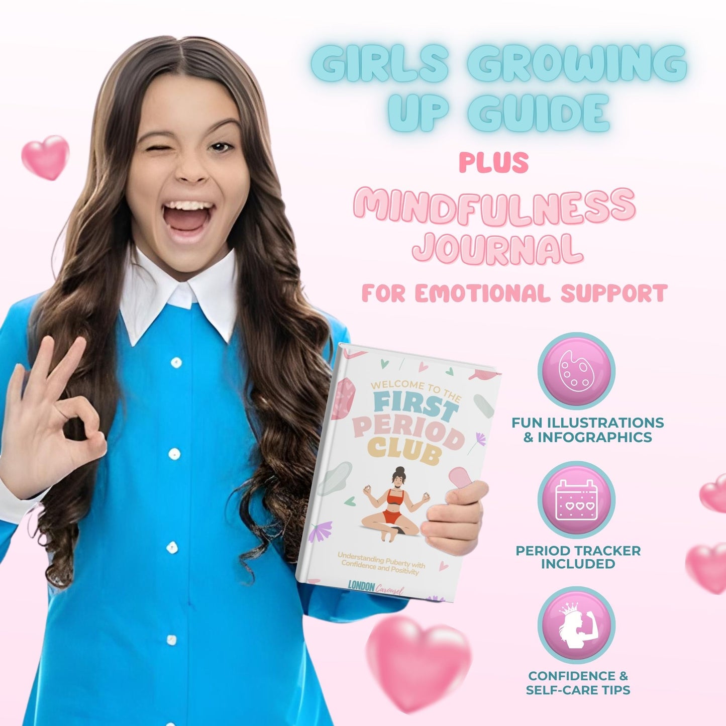 First Period Kit for Girls 9-12 with First Period Club Puberty Book, Lil-Lets Teen Pads, Liners, Storage Bag and a Satin Scrunchie