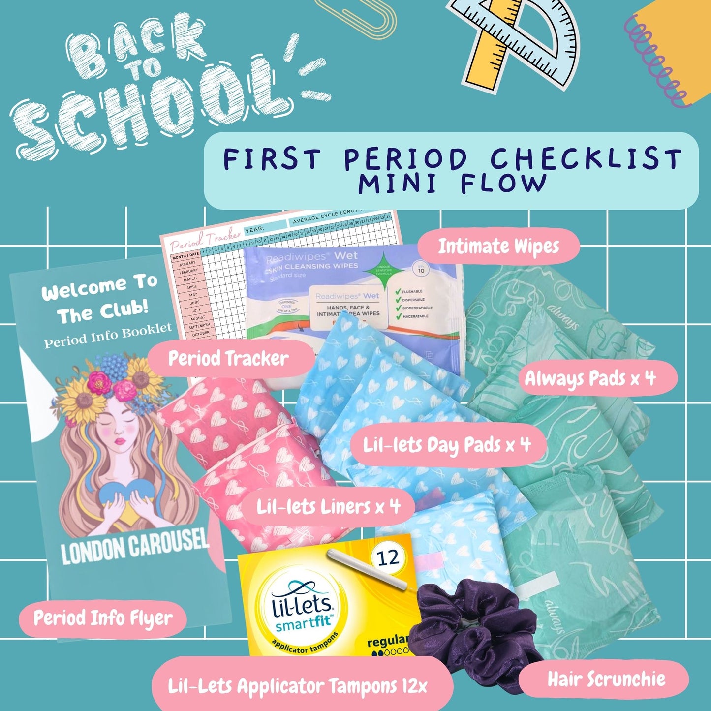 First Period Kit for Girls - Lil-Lets Teen Pads, Always Pads, Tampax Compak Tampons, Panty Liners, Wipes, Scrunchie, Info Flyer, Period Tracker
