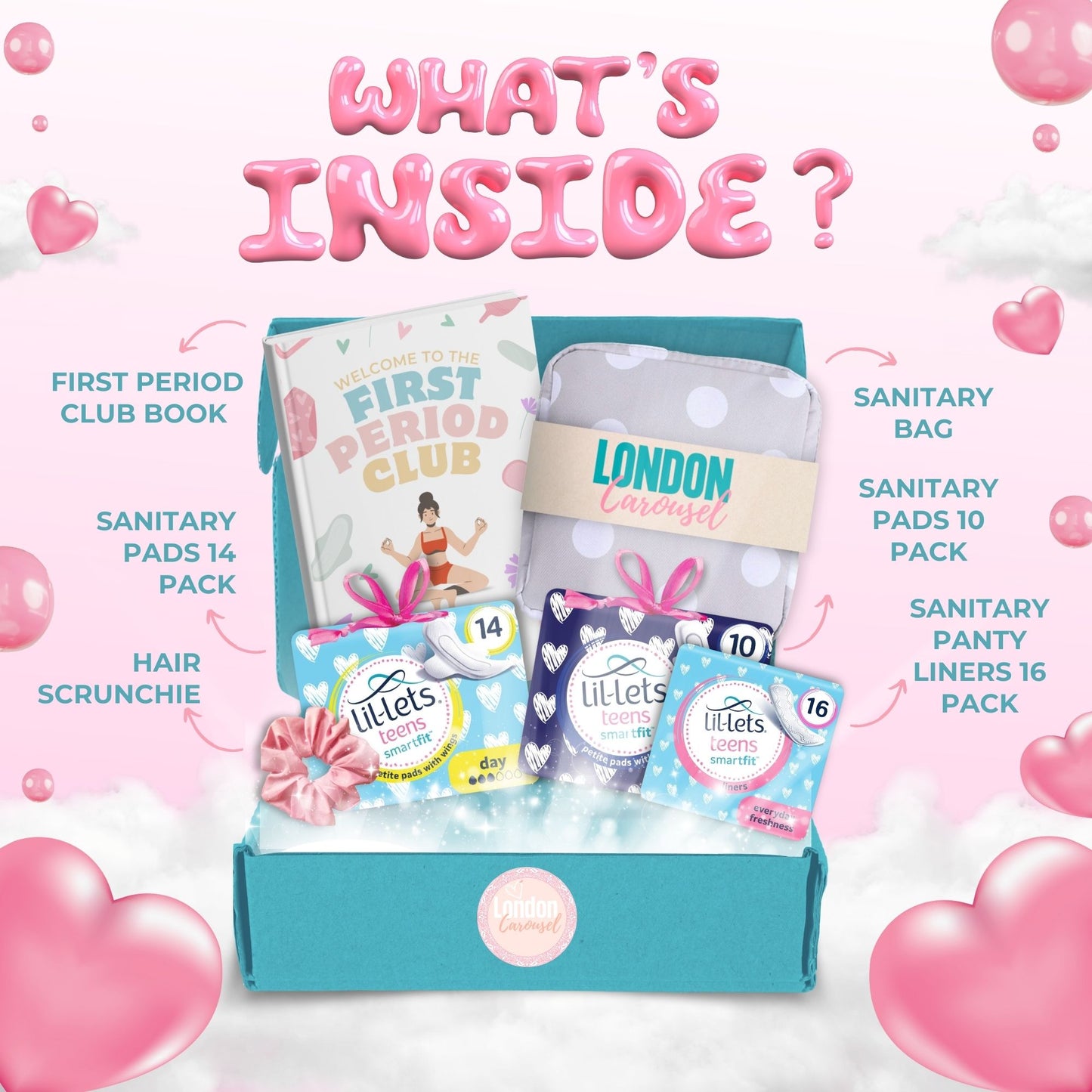 First Period Kit for Girls 9-12 with First Period Club Puberty Book, Lil-Lets Teen Pads, Liners, Storage Bag and a Satin Scrunchie