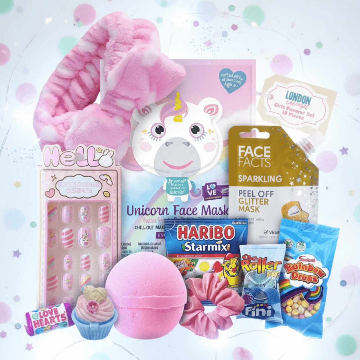 Kids Spa Set with Unicorn Face Masks, Pamper Spa Headband, Bath Bombs, Lip Balm & Sweet Treats