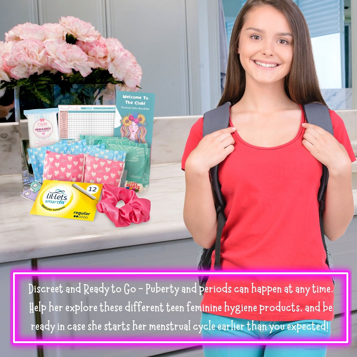 First Period Kit for Girls - Lil-Lets Teen Pads, Always Pads, Tampax Compak Tampons, Panty Liners, Wipes, Scrunchie, Info Flyer, Period Tracker