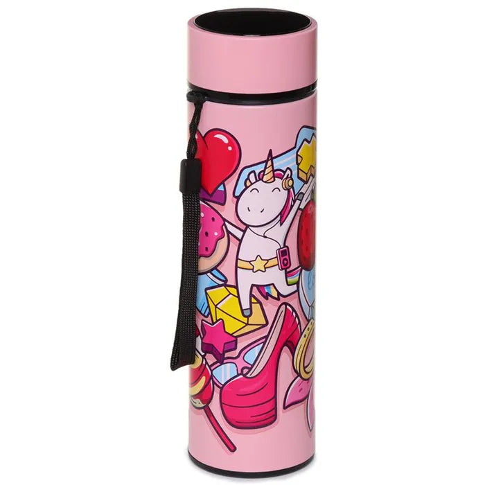 Magical Unicorn 450ml Thermal Bottle with Digital Thermometer: Keeps drinks cold 24h/hot 12h, leak-proof, BPA-free. Ideal for kids' hydration on-the-go!