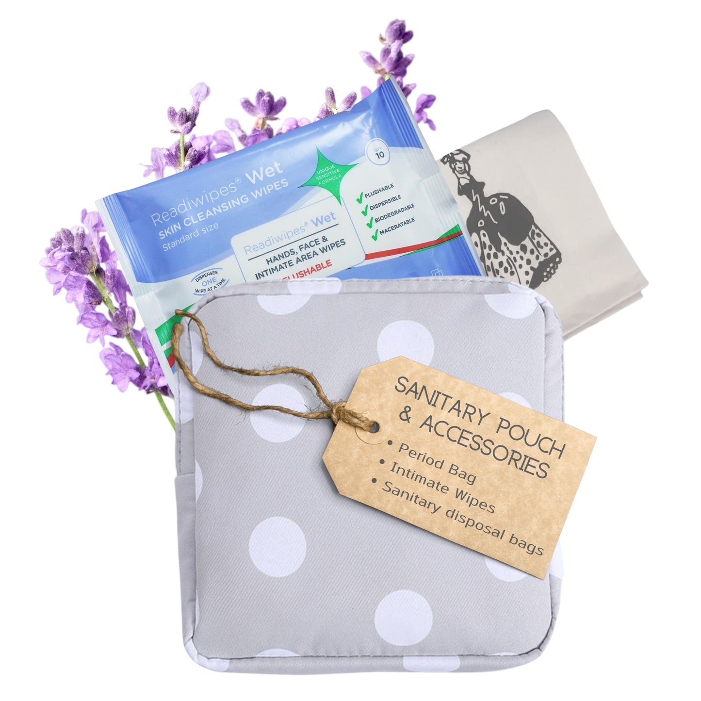 Conveniently manage your period with this pack including a discreet period pouch, feminine wipes for freshness, and paper sanitary disposal bags. Perfect for on-the-go hygiene and comfort during menstruation.