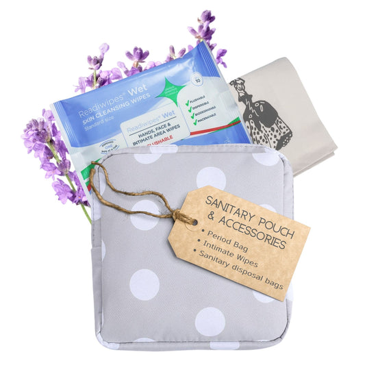 Conveniently manage your period with this pack including a discreet period pouch, feminine wipes for freshness, and paper sanitary disposal bags. Perfect for on-the-go hygiene and comfort during menstruation.