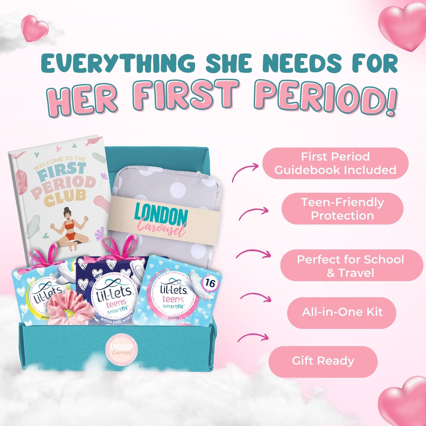 First Period Kit for Girls 9-12 with First Period Club Puberty Book, Lil-Lets Teen Pads, Liners, Storage Bag and a Satin Scrunchie
