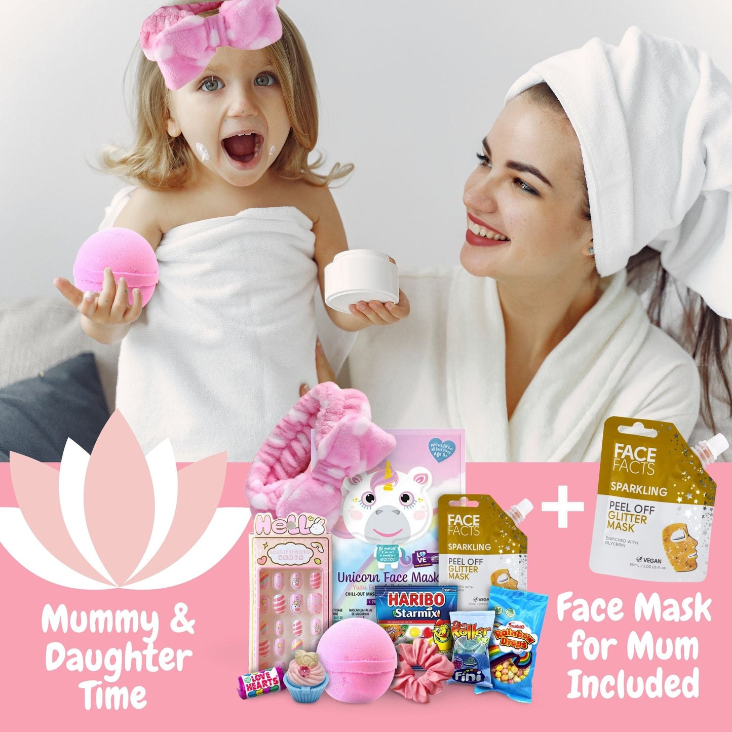 Kids Spa Set with Unicorn Face Masks, Pamper Spa Headband, Bath Bombs, Lip Balm & Sweet Treats