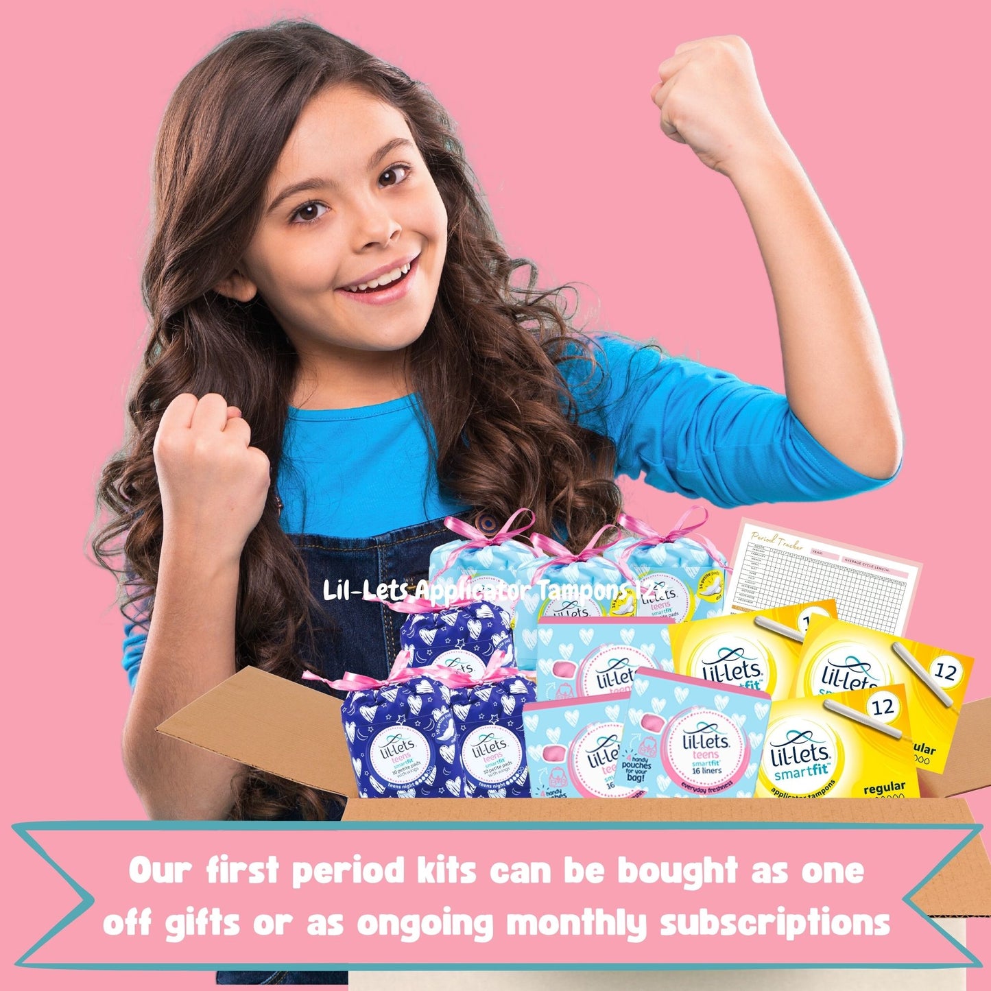 First Period Kit for Girls - Lil-Lets Teen Pads, Always Pads, Tampax Compak Tampons, Panty Liners, Wipes, Scrunchie, Info Flyer, Period Tracker