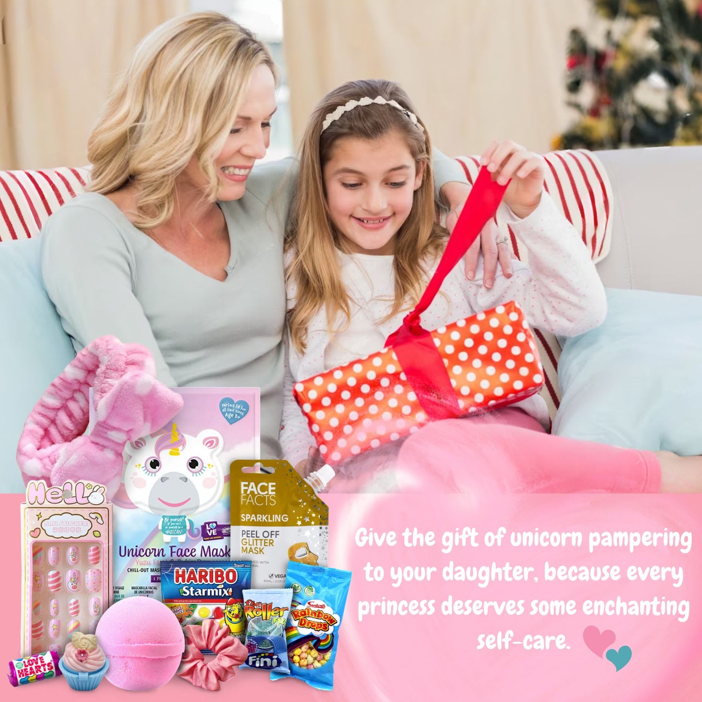 Kids Spa Set with Unicorn Face Masks, Pamper Spa Headband, Bath Bombs, Lip Balm & Sweet Treats