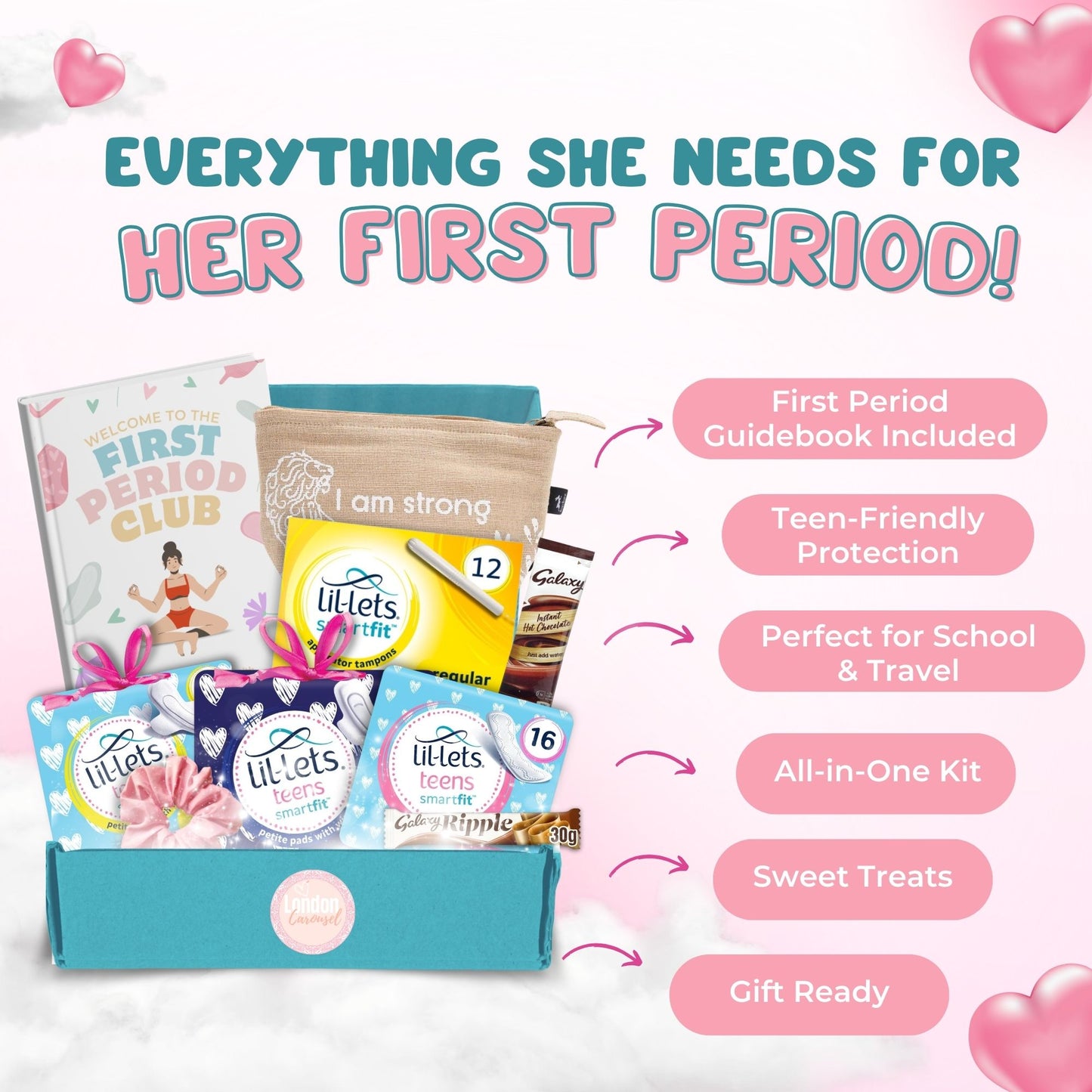 First Period Kit for Girls – First Period Club Book, Lil-Lets Teen Pads, Tampons & Sweet Treats