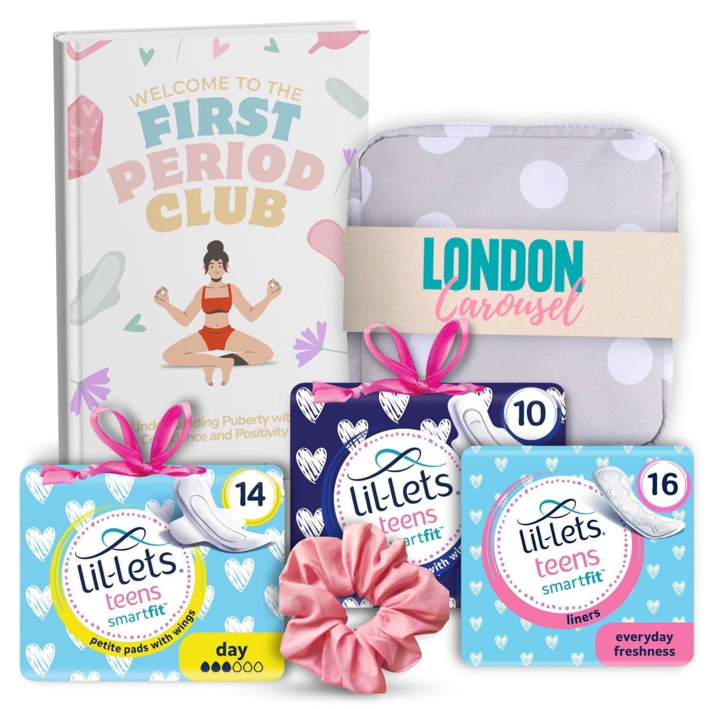 First Period Kit for Girls 9-12 with First Period Club Puberty Book, Lil-Lets Teen Pads, Liners, Storage Bag and a Satin Scrunchie