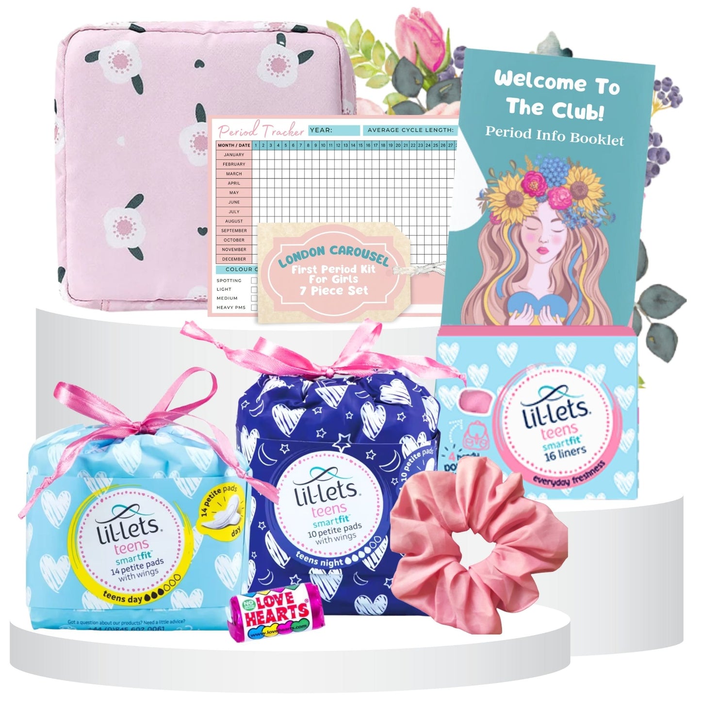 An essential first period kit for girls, the Delicate Debut includes a cute sanitary pouch, 14 Lil-lets day pads, 10 night pads, 16 panty liners, a hair scrunchie, and a My First Period information booklet and period tracker card.