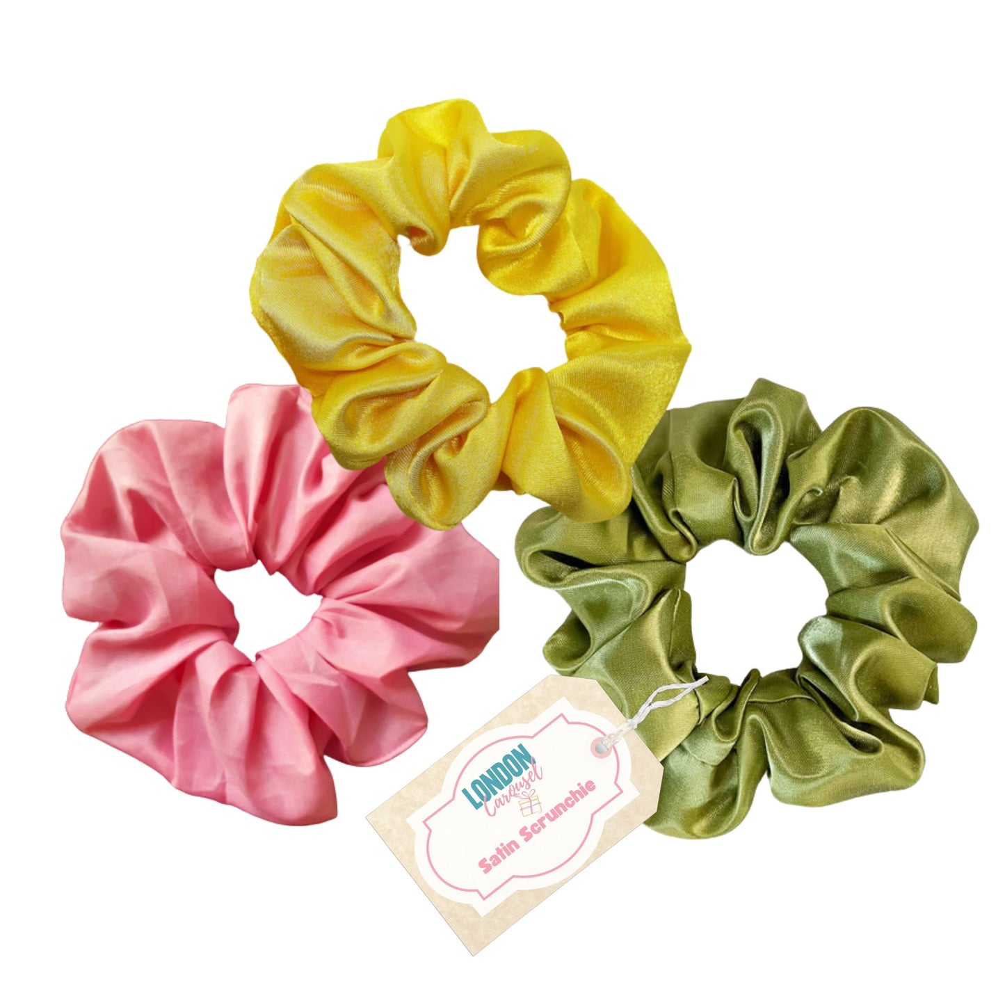 London Carousel Soft Silk Scrunchies for Women, 3 Pack, featuring satin ponytail holders in random colours, suitable for all hair types.