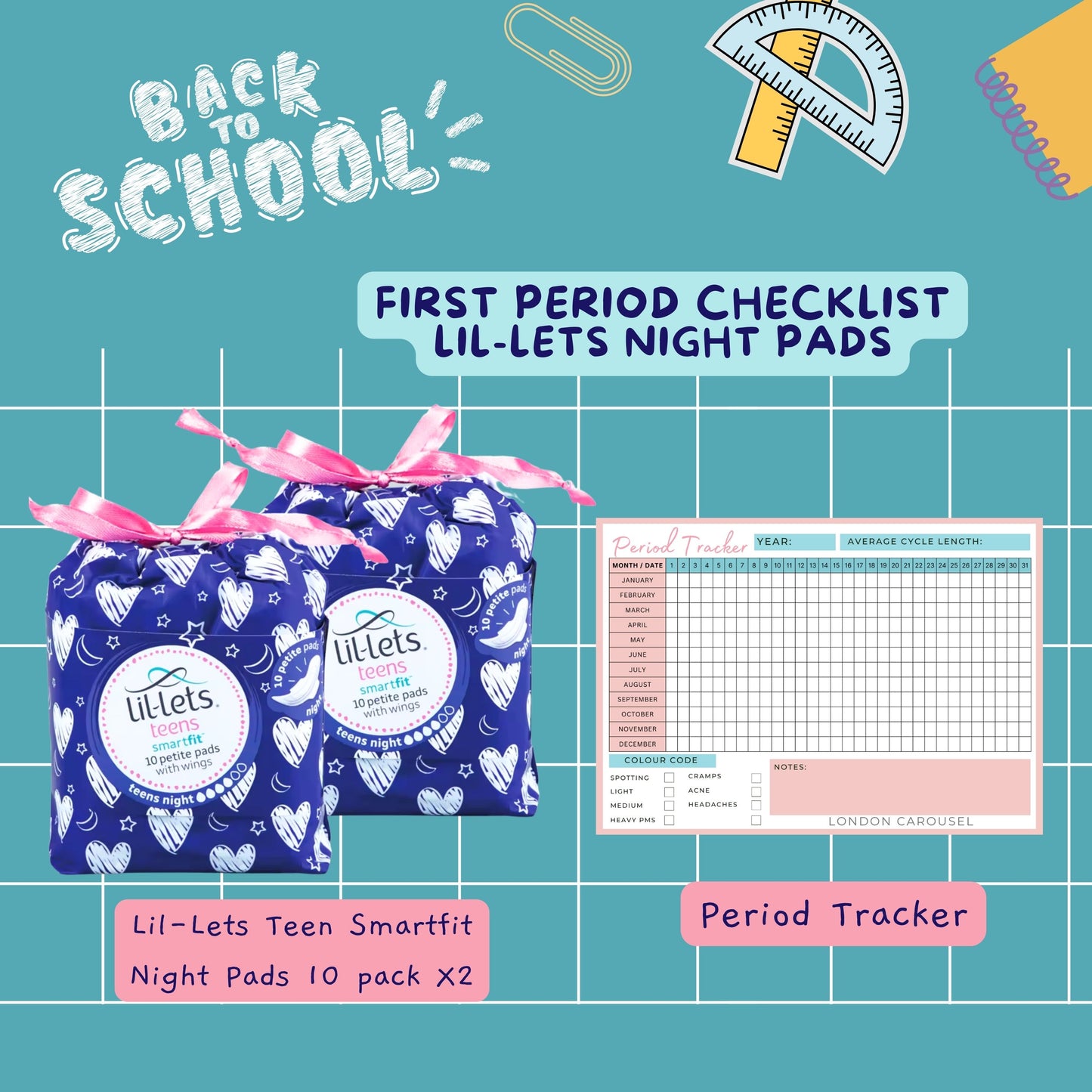 Teen Sanitary Towels Bundle with Lil Lets Night Time Pads x2 and London Carousel Period Tracker