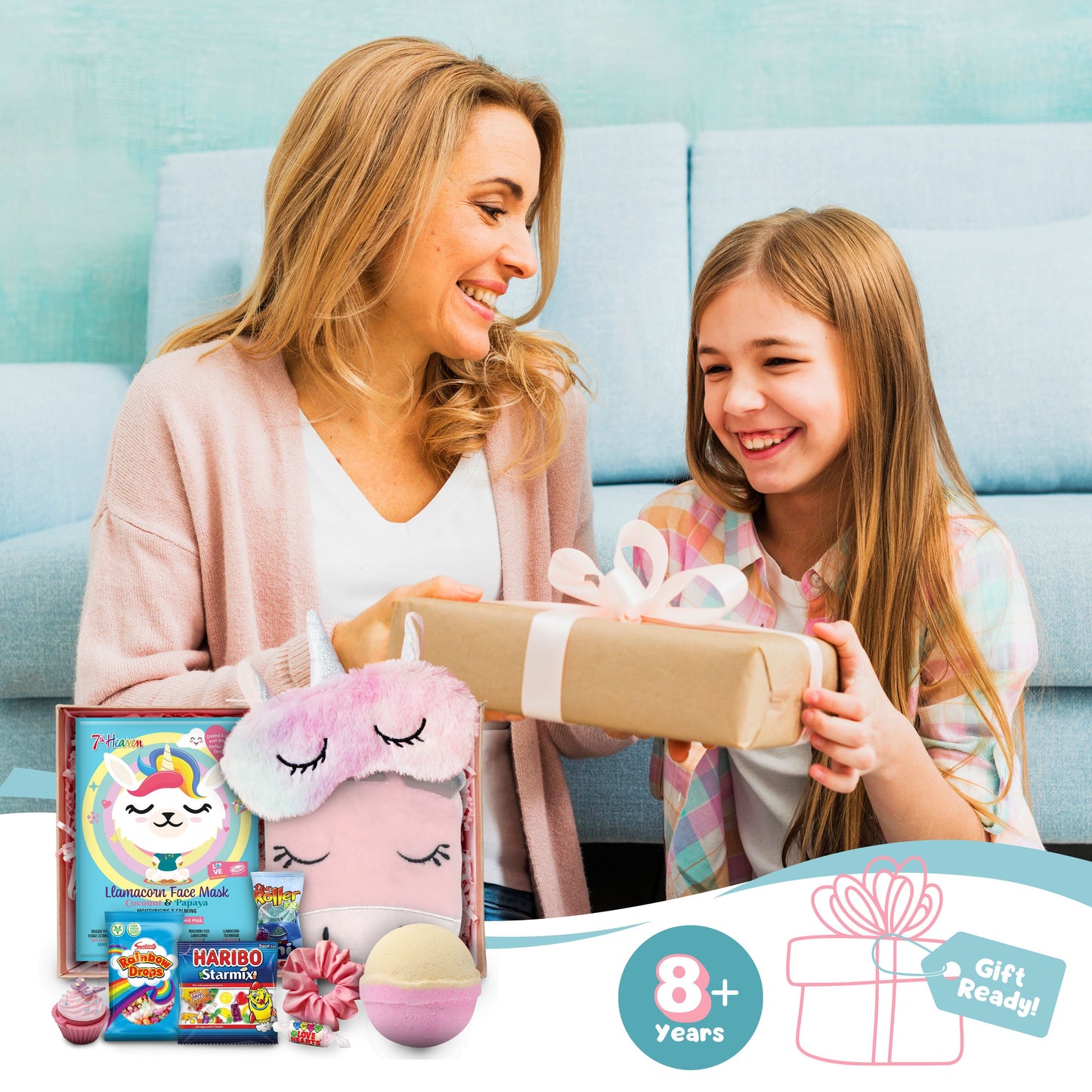 Girls Llamacorn Pamper Set - Sleep Mask, Bath Bomb, Face Mask, Lip Balm, Hair Scrunchie, Unicorn Bath Sponge & Treats