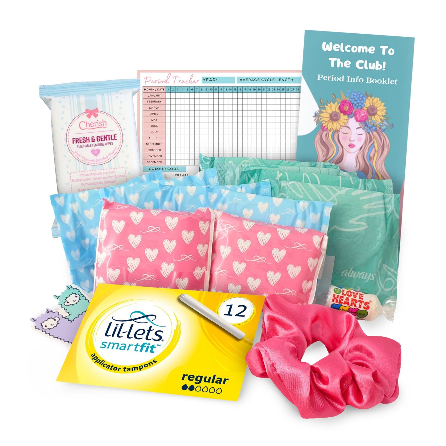First Period Kit for Girls - Lil-Lets Teen Pads, Always Pads, Tampax Compak Tampons, Panty Liners, Wipes, Scrunchie, Info Flyer, Period Tracker
