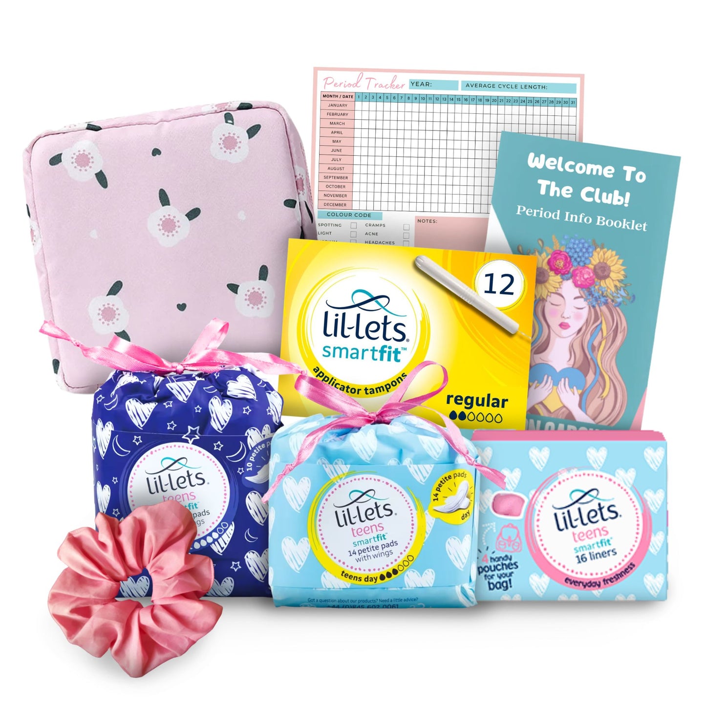 Emergency kit bag for girls featuring essential sanitary products for first periods, including pads, tampons, and more, for confident care.