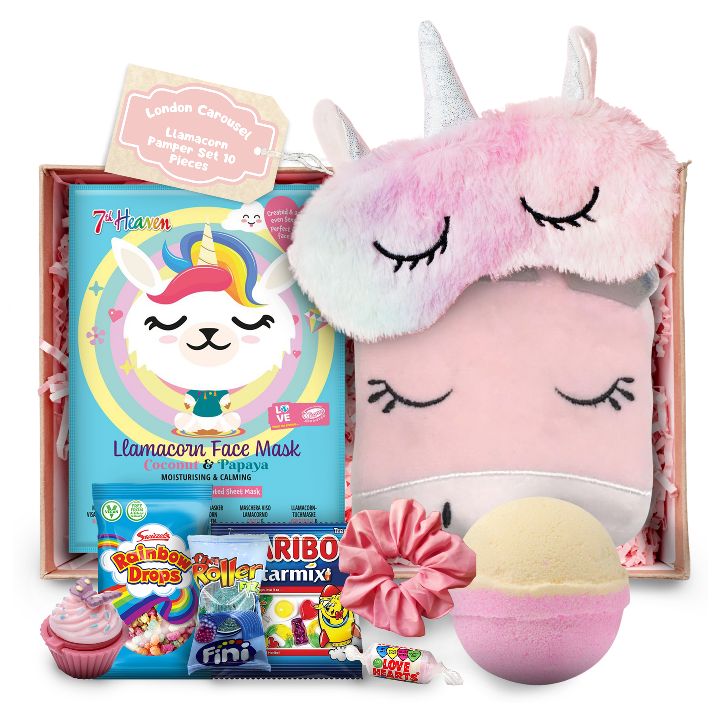 Girls Llamacorn Pamper Set featuring a sleep mask, bath bomb, face mask, lip balm, hair scrunchie, unicorn bath sponge, and sweet treats, perfect for a fun self-care experience.