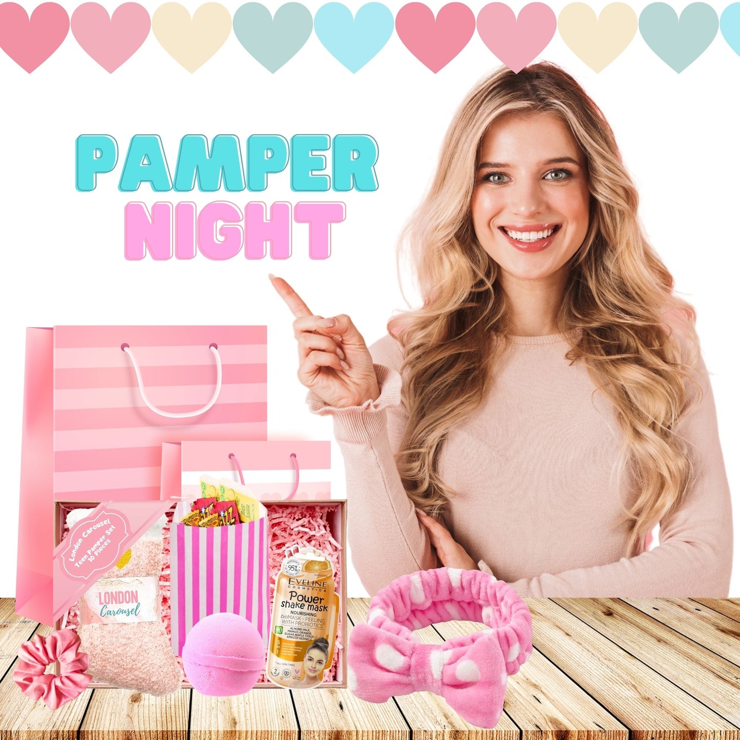 Girls Pamper Set - Spa Headband, Bath Bomb, Cozy Socks, Face Mask, Hair Scrunchie & Sweets