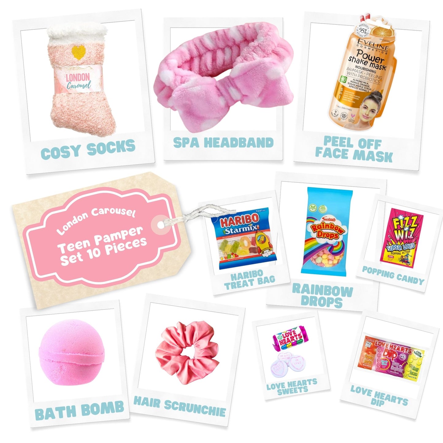 Girls Pamper Set - Spa Headband, Bath Bomb, Cozy Socks, Face Mask, Hair Scrunchie & Sweets