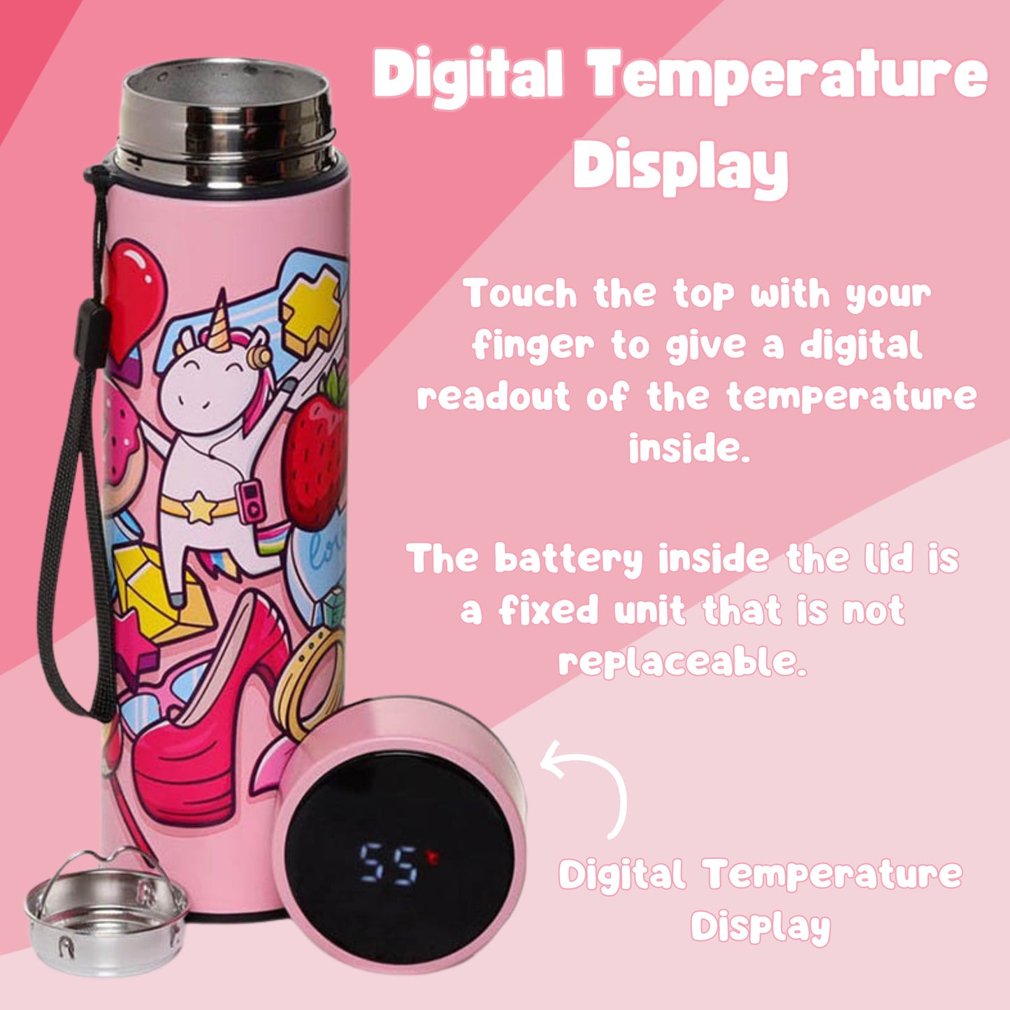 Magical Unicorn 450ml Thermal Bottle with Digital Thermometer