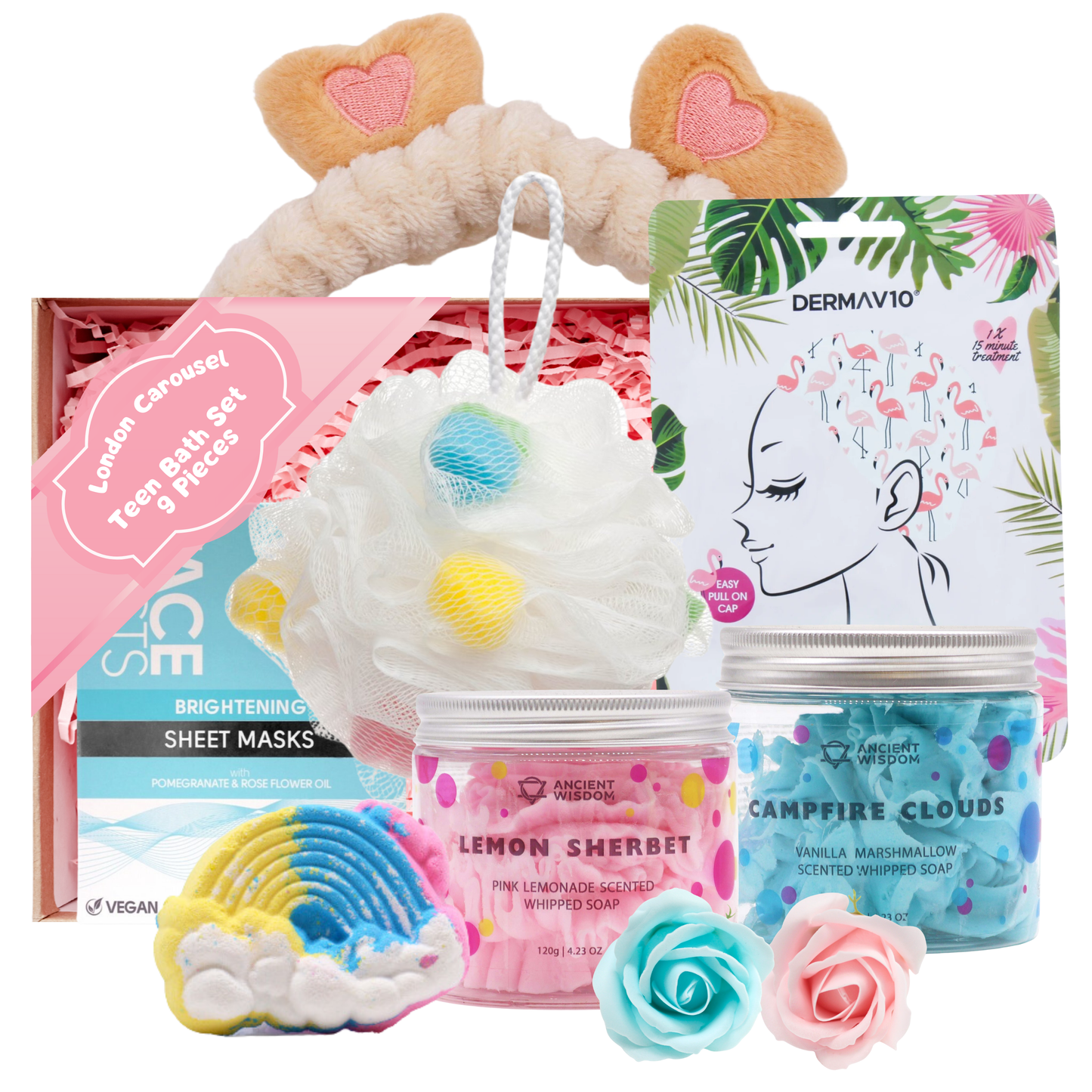 Ultimate Bath Set Bundle for Teenage Girls featuring a Hair Mask, Face Mask Sheet, two Whipped Soaps, a Bath Bomb, Craft Bath Soap Flowers, a cute Headband, and a Bath Sponge, perfect for a relaxing home spa experience.