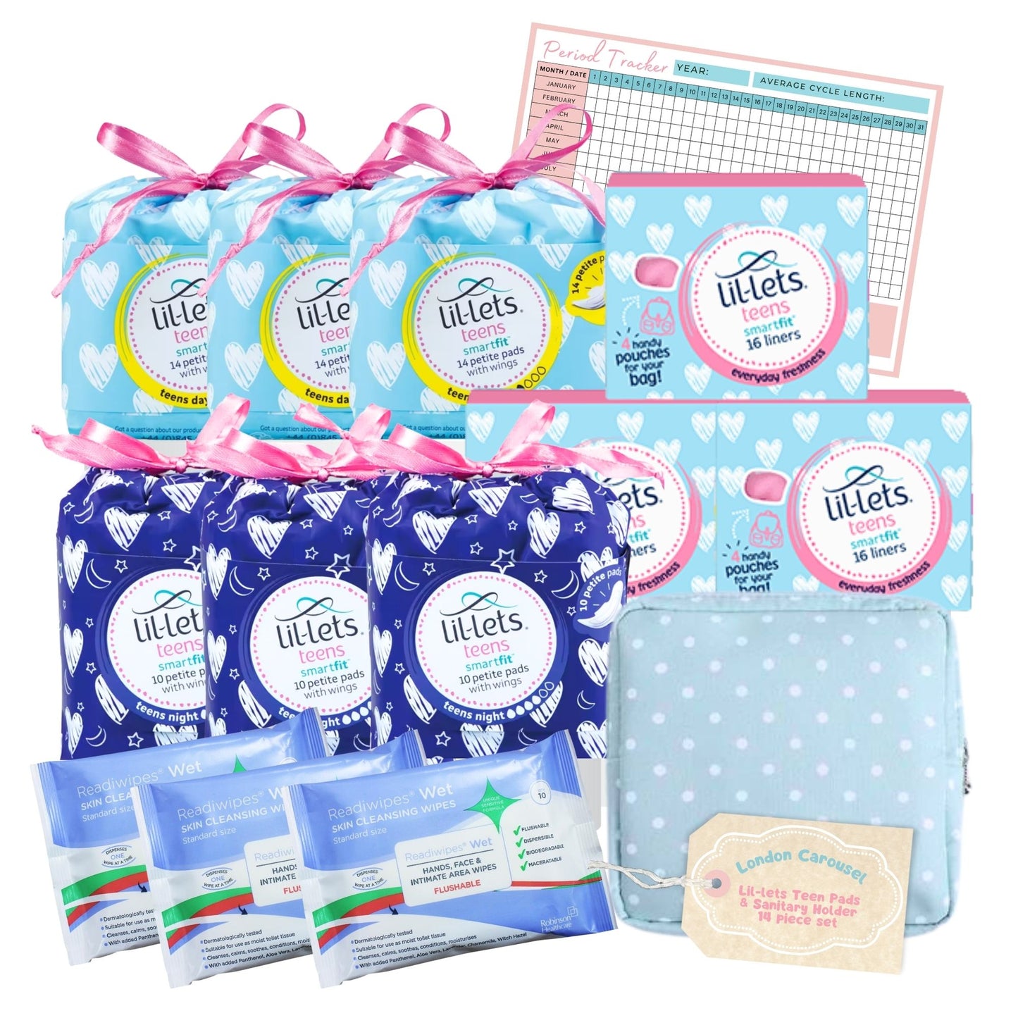 A comprehensive Teen Complete Care Kit - 3 Month Lil-let Sanitary Bundle featuring a London Carousel sanitary pad bag, 3 packs of Lil Lets Teen Pads, 3 packs of Lil Lets Night Pads, 3 packs of Lil Lets Teen Liners, 3 packs of intimate feminine wipes, and a handy period tracker.