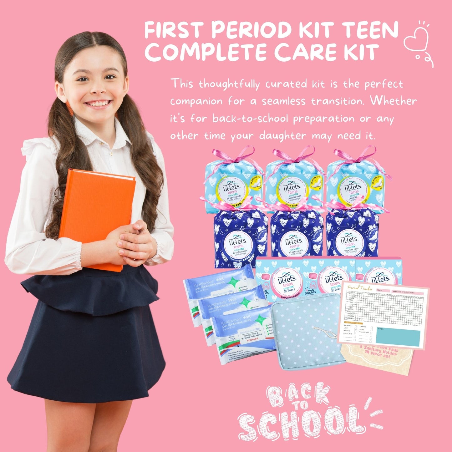 Complete Teen Sanitary Towels Bundle with Lil-Lets Pads, Night Pads, Liners, Wipes & Tracker