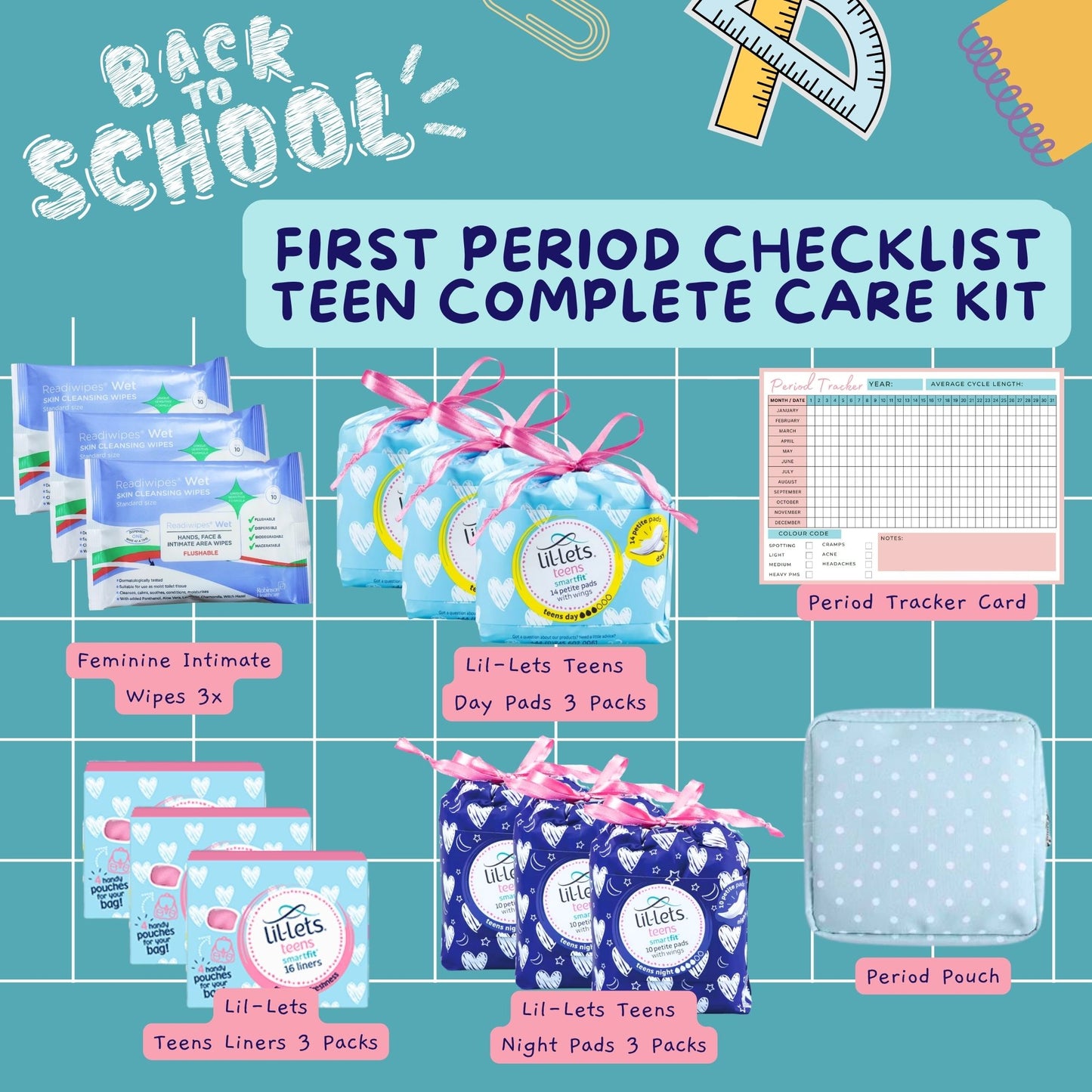 Complete Teen Sanitary Towels Bundle with Lil-Lets Pads, Night Pads, Liners, Wipes & Tracker