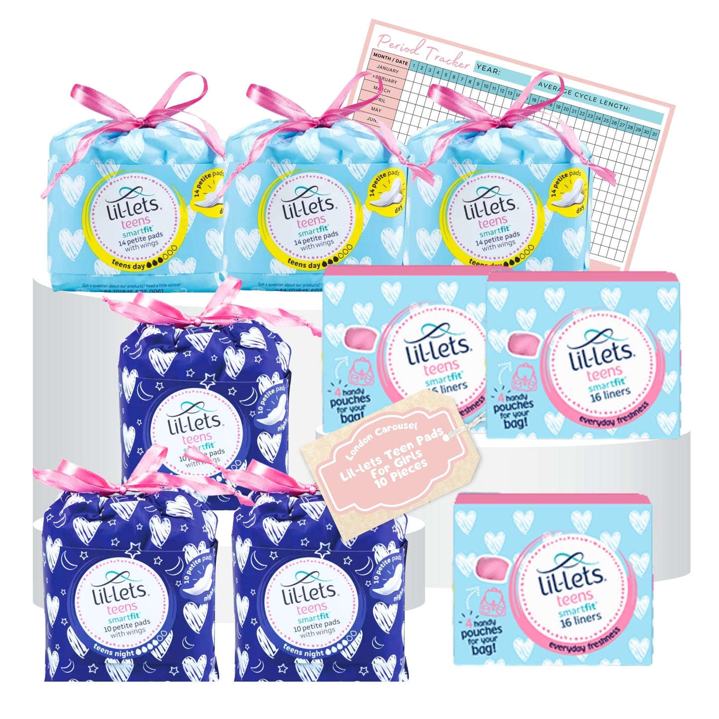 A Teen Essentials Kit - 3 Month Lil-let Sanitary Bundle featuring 3 packs of Lil Lets Teen Pads, 3 packs of Lil Lets Night Pads, 3 packs of Lil Lets Teen Liners, and a handy period tracker.