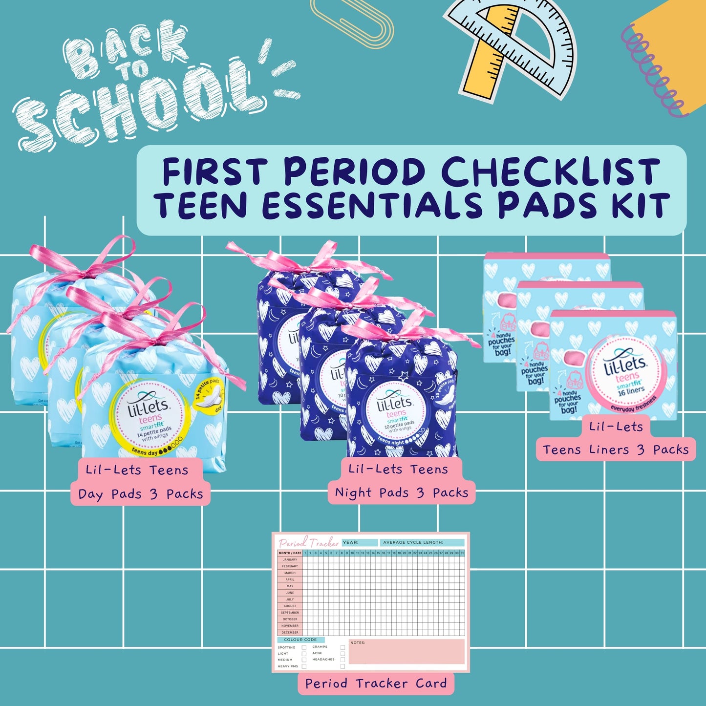 Teen Sanitary Towels Bundle with Lil-Lets Pads, Night Pads, Liners & Period Tracker