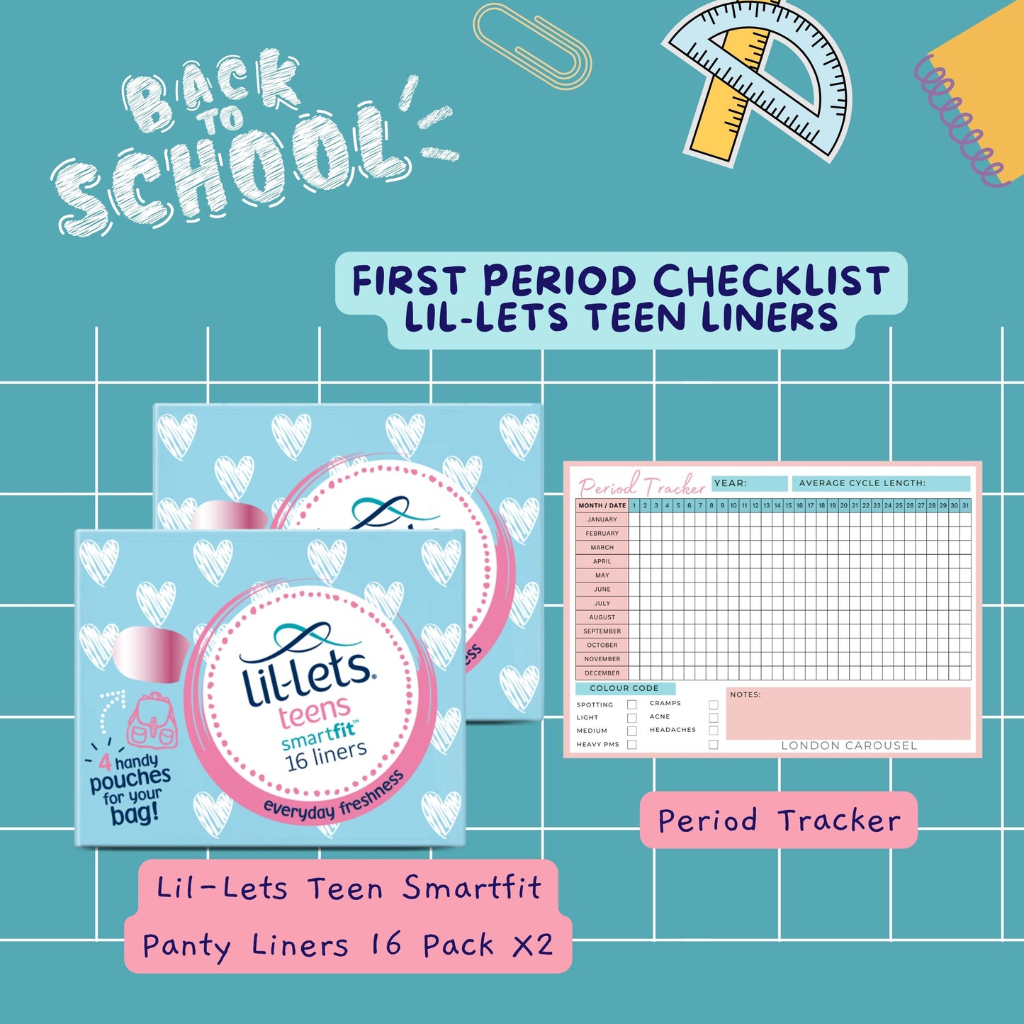 Teen Sanitary Liners Bundle with Lil Lets Panty Liners x2 and London Carousel Period Tracker