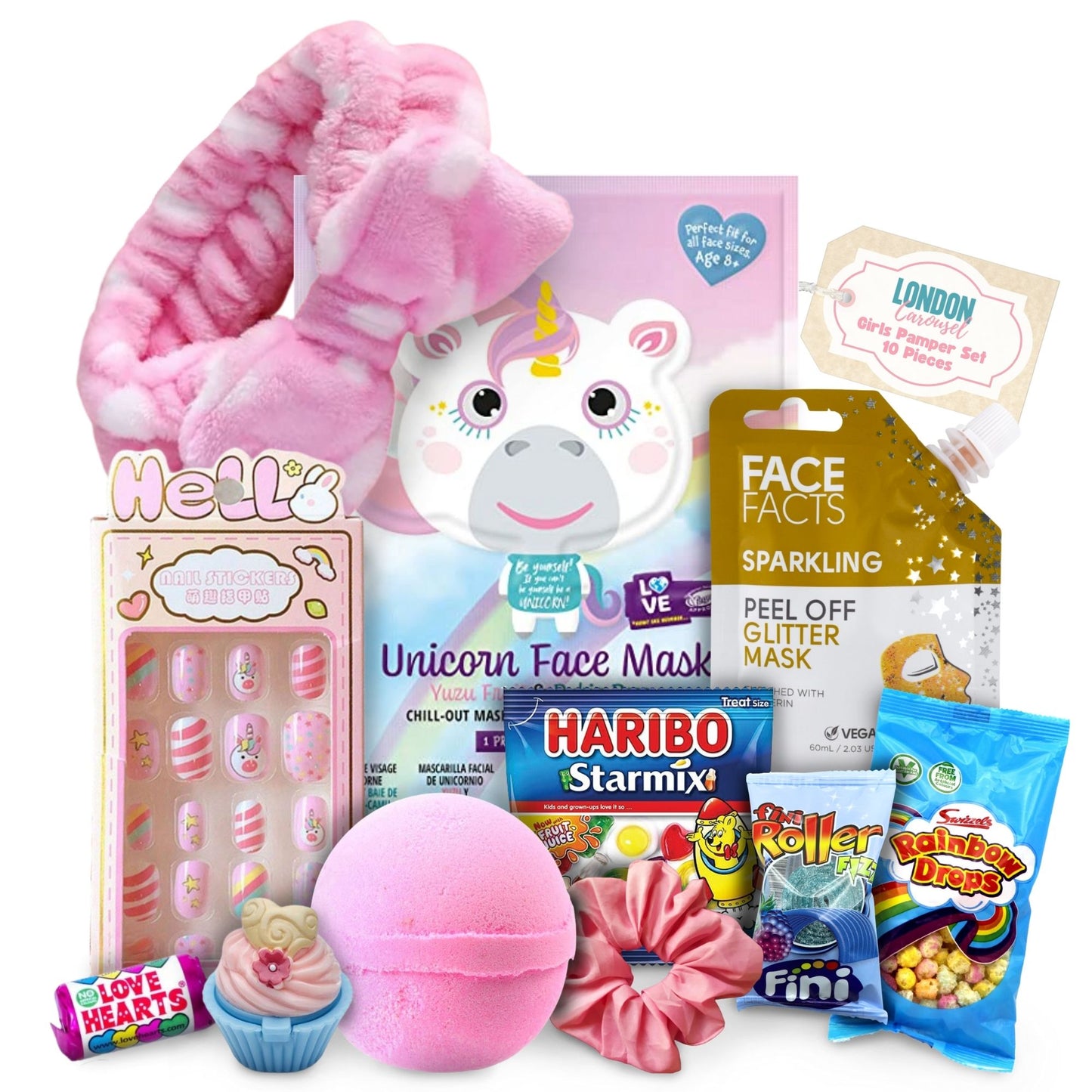 A delightful Unicorn Pamper Hamper - Mum and Me Pamper set featuring Chit Chat 24 Press on Nails, a spa hairband, a Unicorn 7th Heaven face mask sheet, a cupcake lip balm, a kids bath bomb, a hair scrunchie, rainbow drops, and a beauty face mask for Mum.