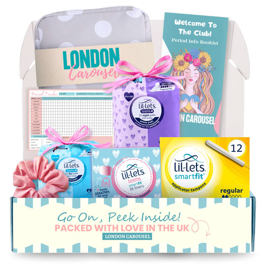 Emergency kit bag for girls featuring essential sanitary products for first periods, including pads, tampons, and more, for confident care.
