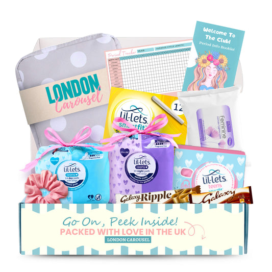 First Period Kit for Girls featuring teen sanitary pads, tampons, storage bag, and more essentials