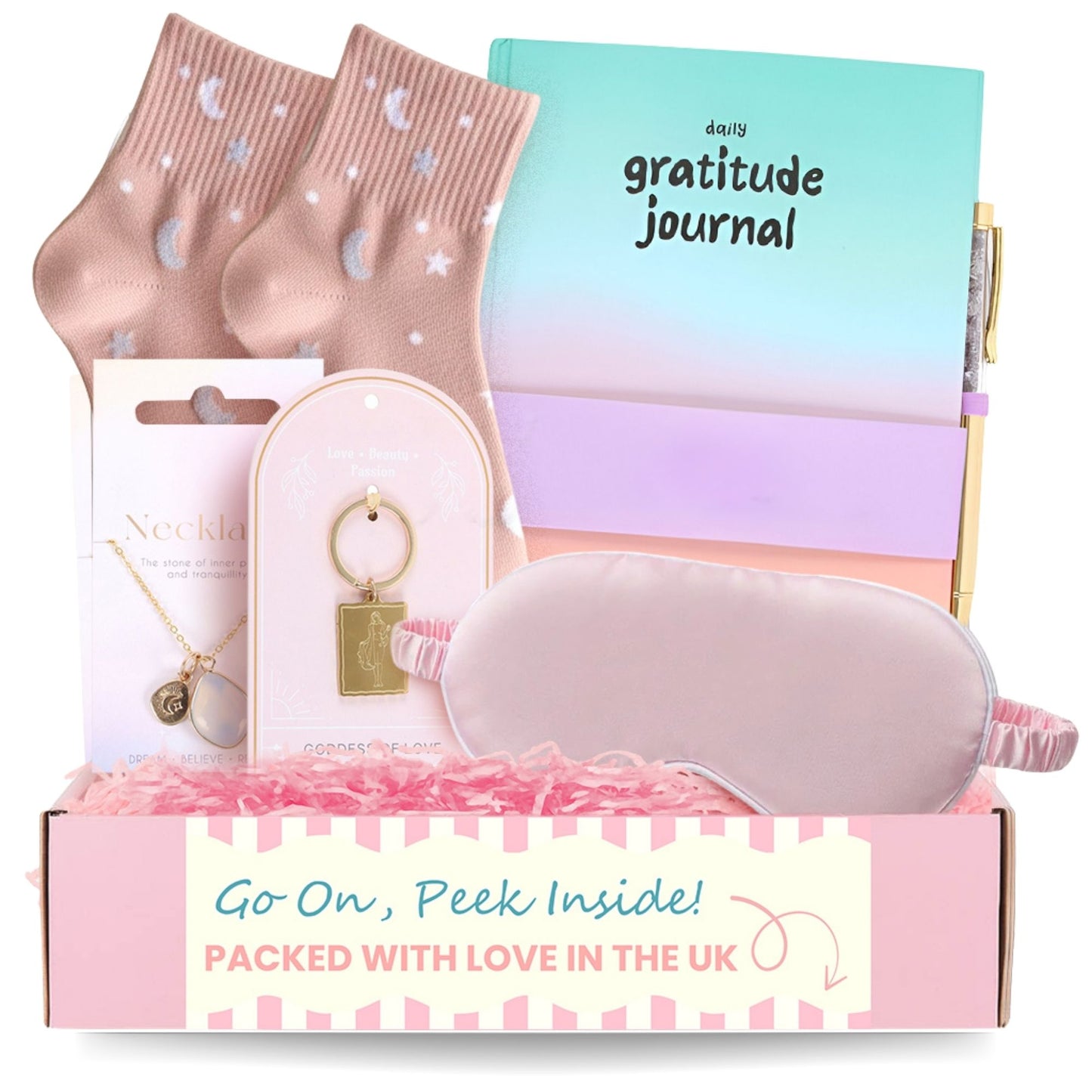 Manifestation and Mindfulness Gift Set for Women – Gratitude Journal, Opalite Necklace, Sleep Mask and Self Care Wellness Kit