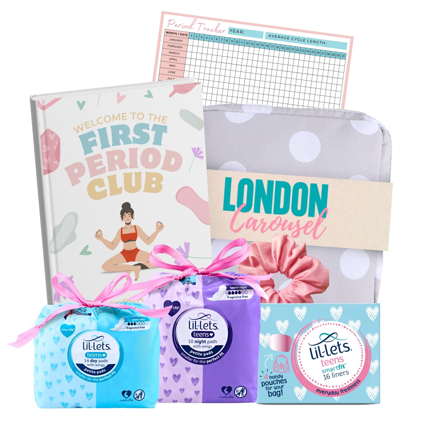 First Period Kit for Girls 9-12 with First Period Club Puberty Book,  Lil-Lets Teen Pads, Liners, Storage Bag and a Satin Scrunchie