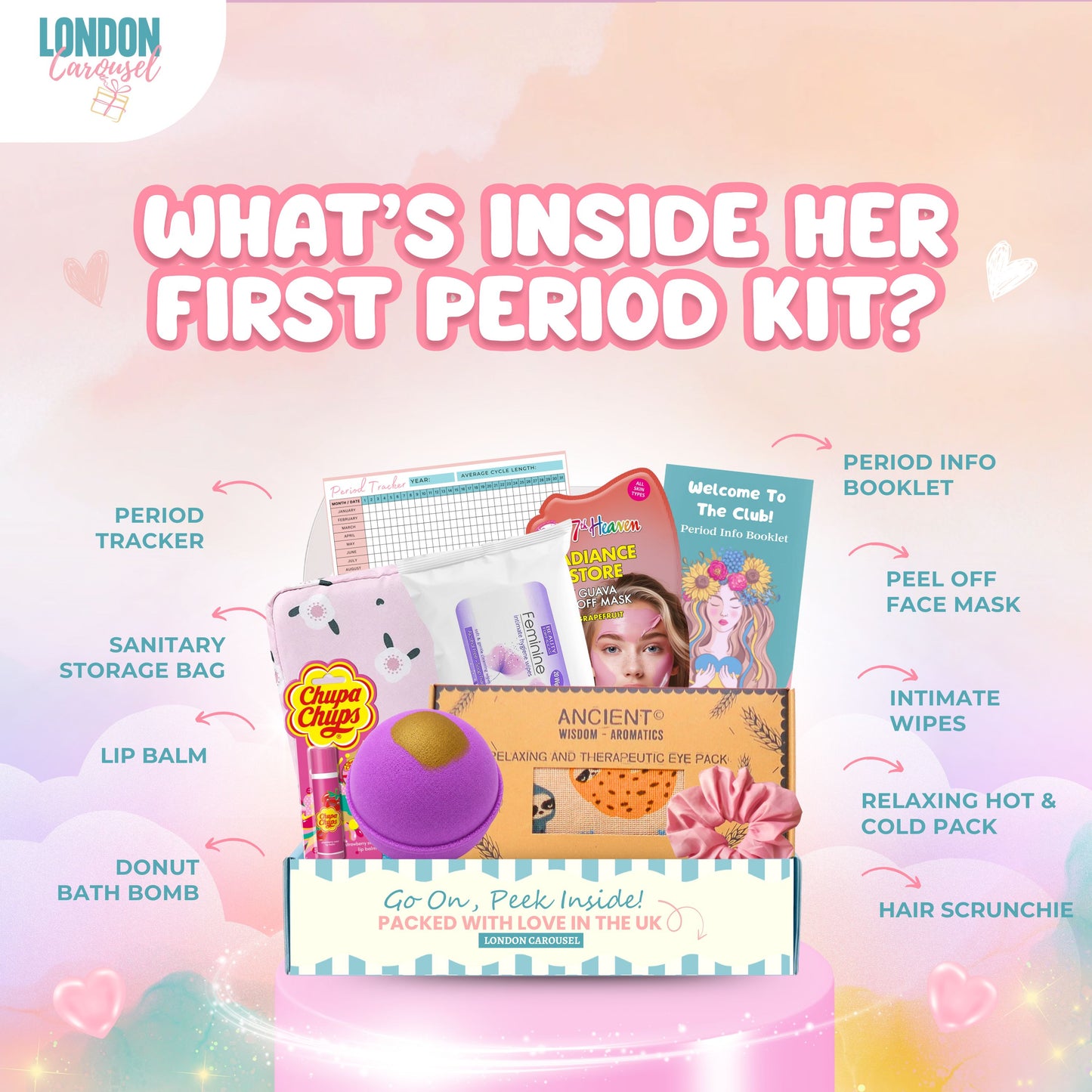 First Period Kit for Girls - Pamper Hamper with Heating Pad, Self-Care & Tracker