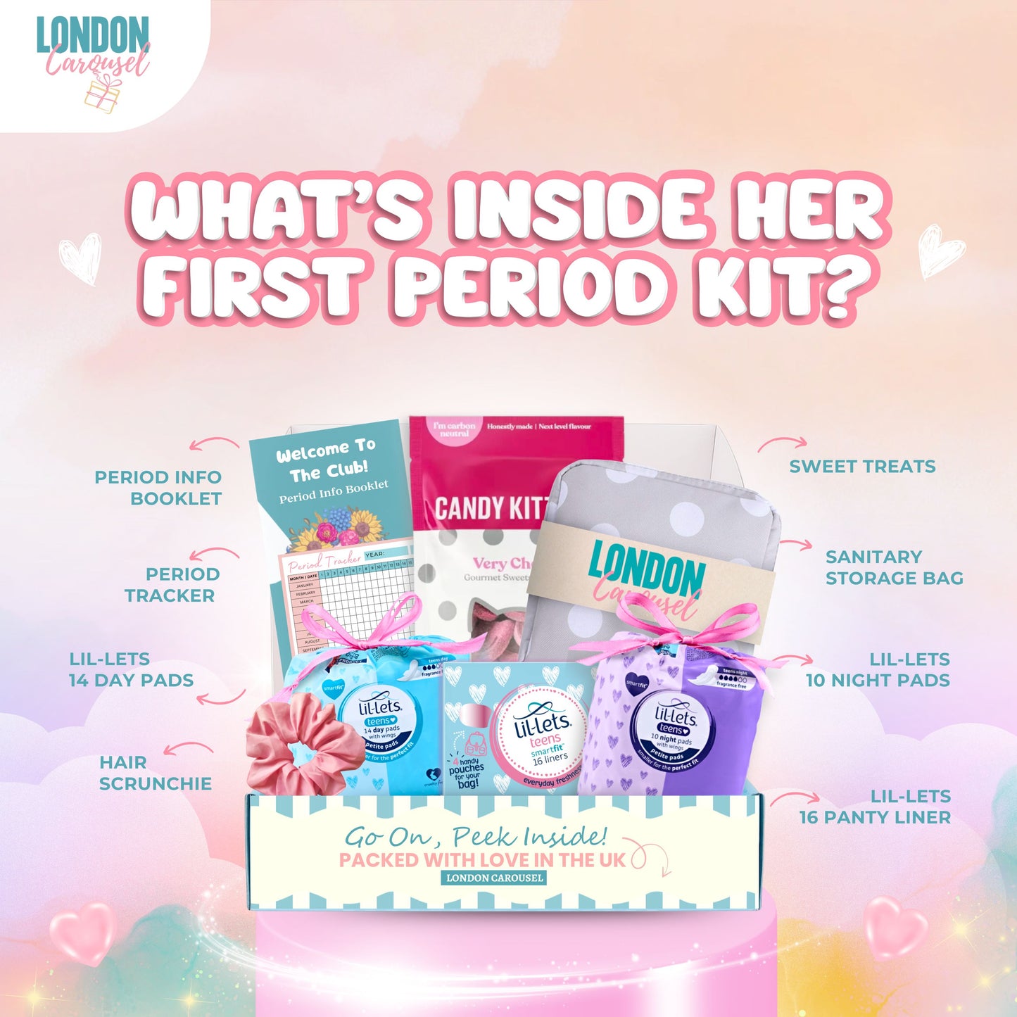 First Period Kit for Girls – No Tampons, Includes Lil-lets Pads, Candy Kittens & London Carousel Storage Bag