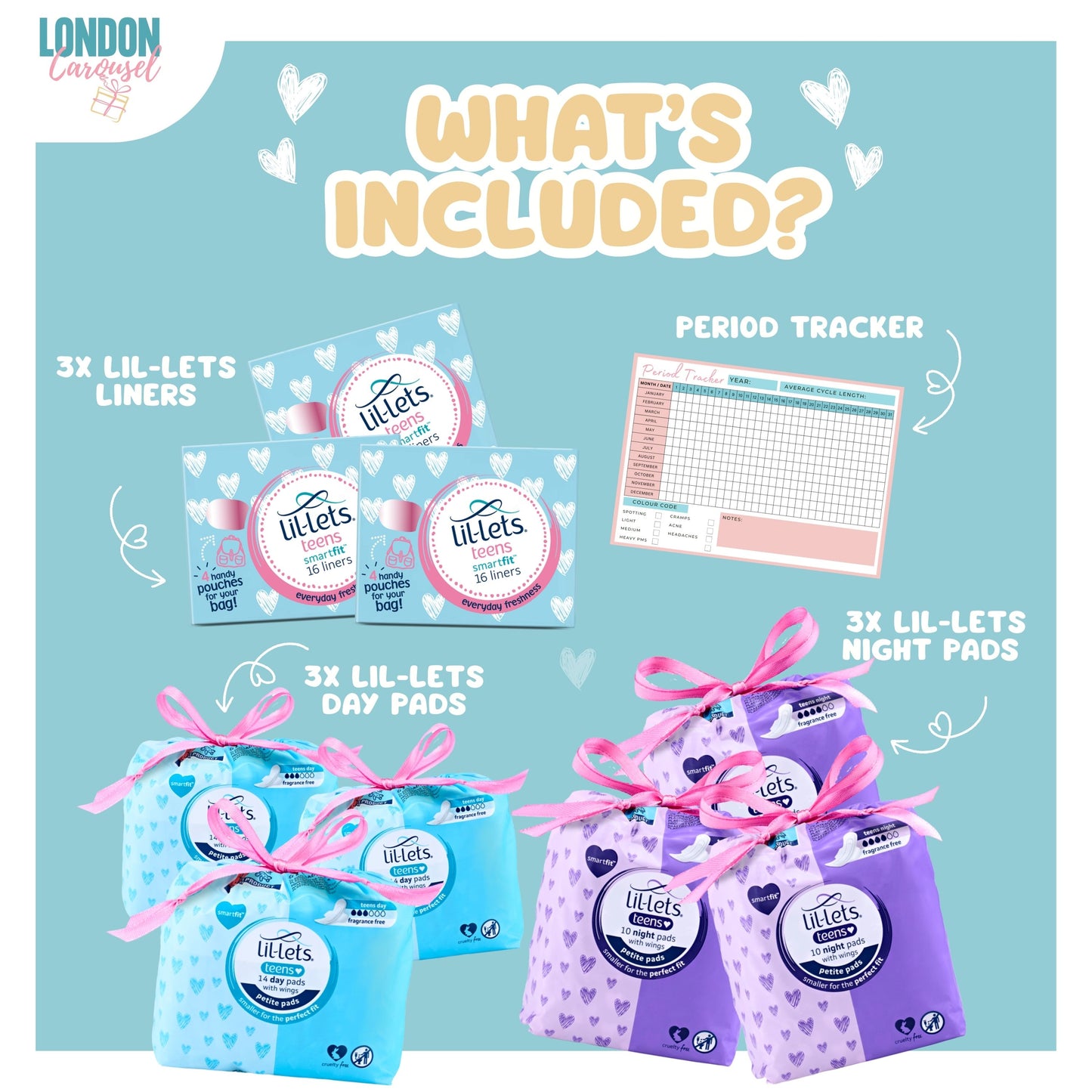 Teen Sanitary Towels Bundle with Lil-Lets Pads, Night Pads, Liners & Period Tracker