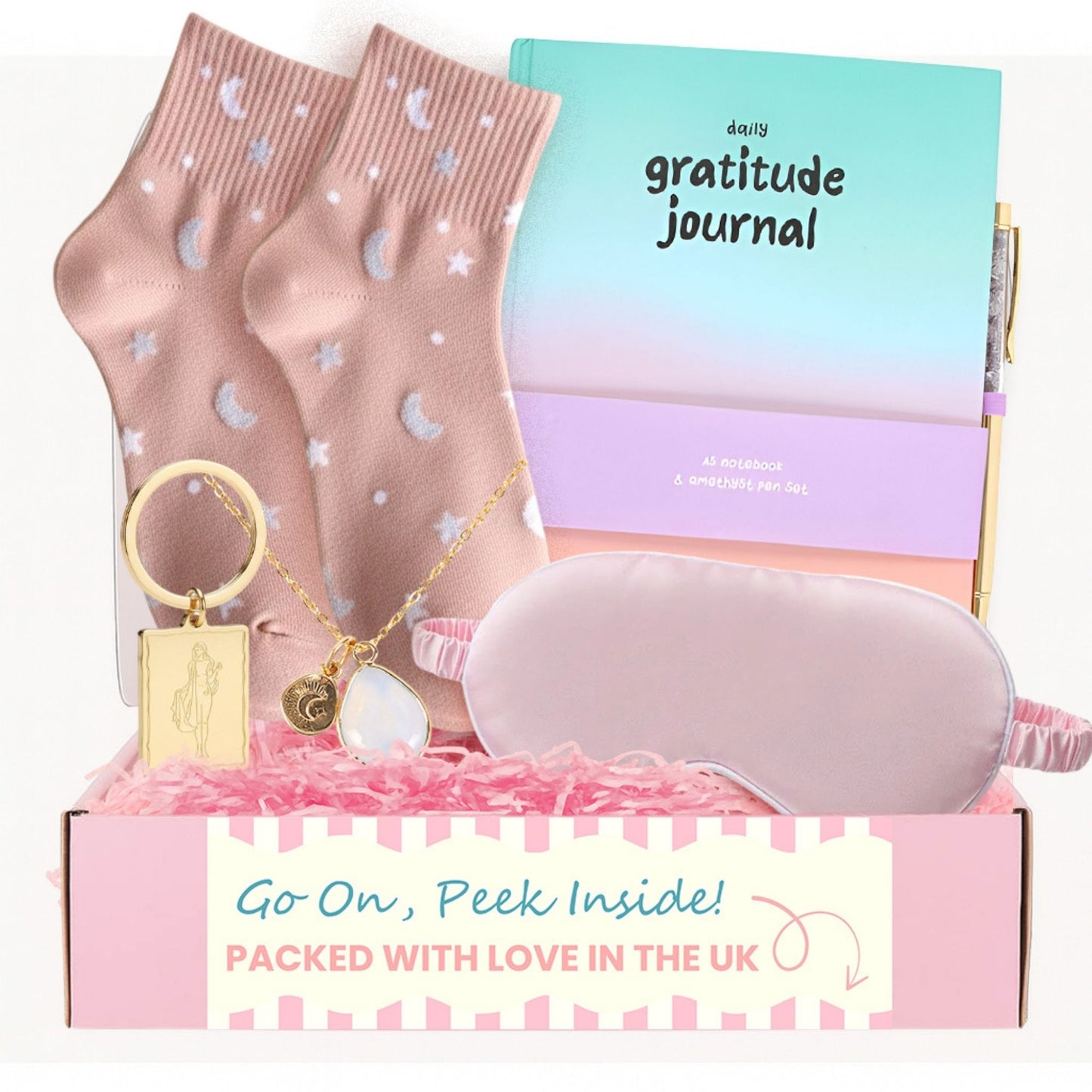 Manifestation and Mindfulness Gift Set for Women – Gratitude Journal, Opalite Necklace, Sleep Mask and Self Care Wellness Kit