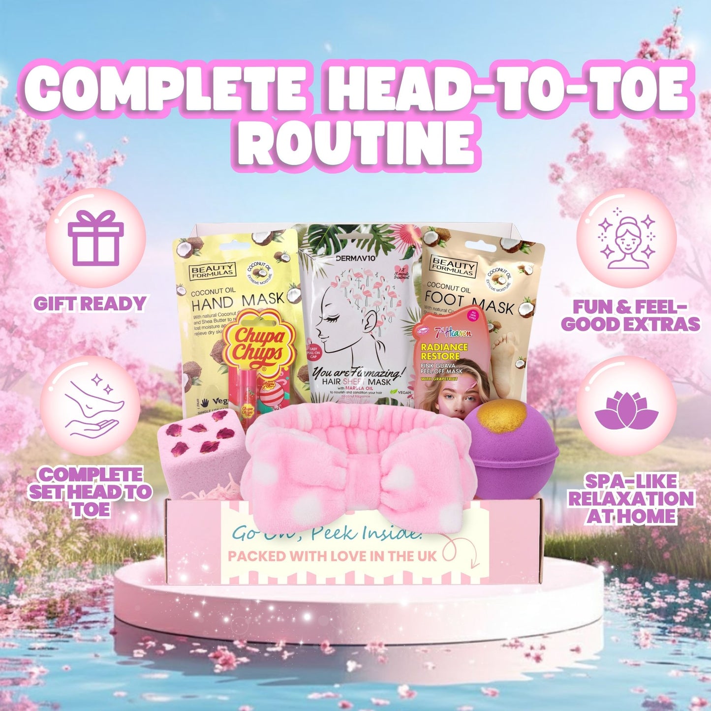 Pamper Gift Set for Women & Teens – Head-to-Toe Spa Treats with Face, Hand & Foot Masks, Bath Bomb & Shower Steamer
