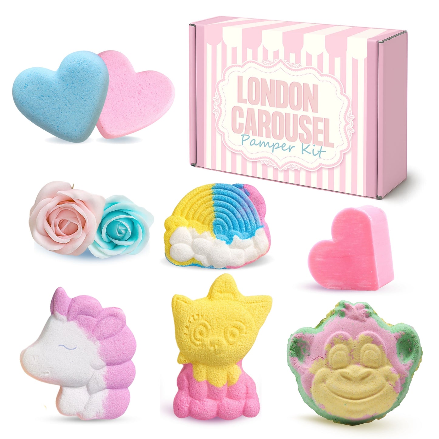 London Carousel Kids Bath Bomb Gift Set – Unicorn, Rainbow & Animal Shapes with Mini Soaps, Fun Bath Time Present for Girls & Boys