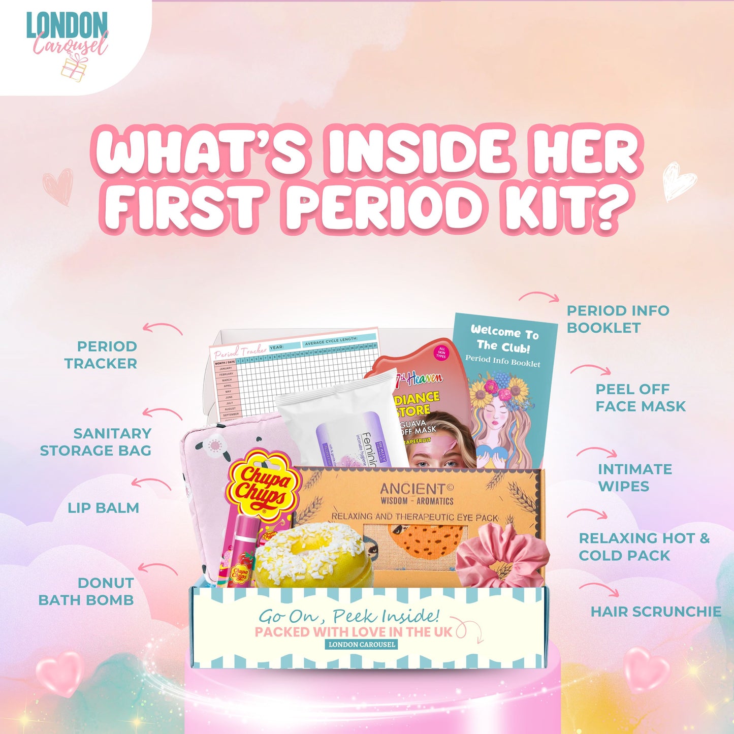 First Period Kit for Girls - Pamper Hamper with Heating Pad, Self-Care & Tracker
