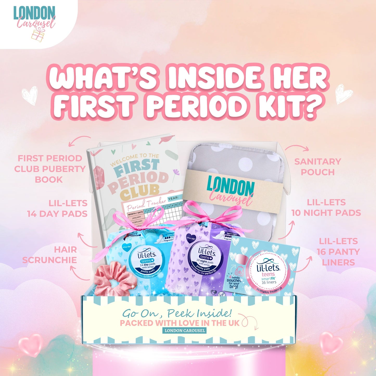 First Period Kit for Girls 9-12 with First Period Club Puberty Book,  Lil-Lets Teen Pads, Liners, Storage Bag and a Satin Scrunchie
