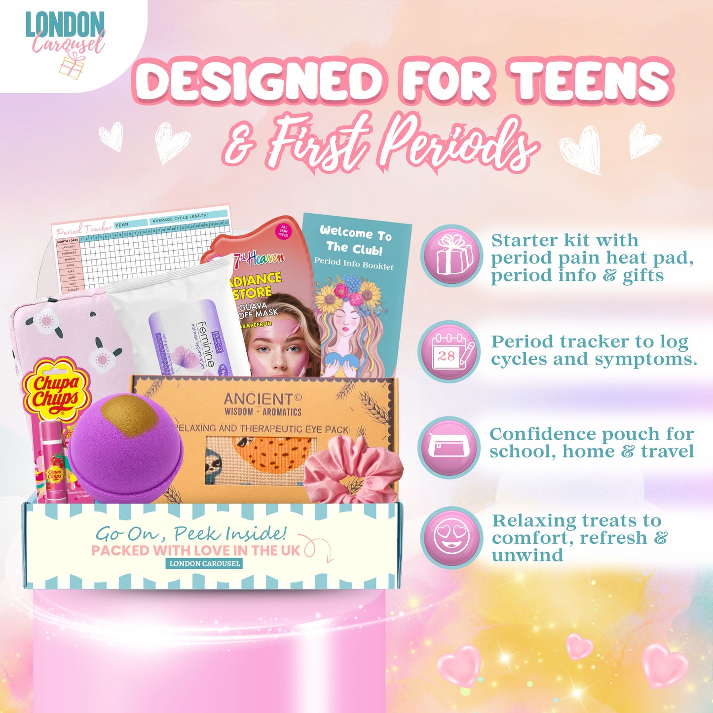 First Period Kit for Girls - Pamper Hamper with Heating Pad, Self-Care & Tracker