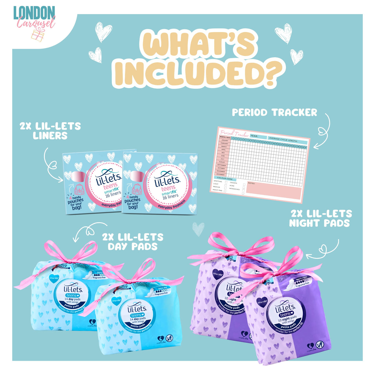 Teen Sanitary Towels Bundle with Lil-Lets Teen Pads, Night Time Pads, Liners & Period Tracker