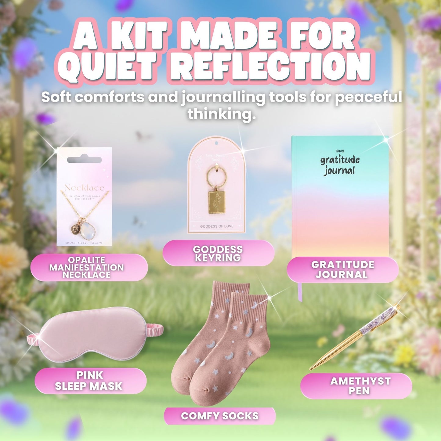 Manifestation and Mindfulness Gift Set for Women – Gratitude Journal, Opalite Necklace, Sleep Mask and Self Care Wellness Kit